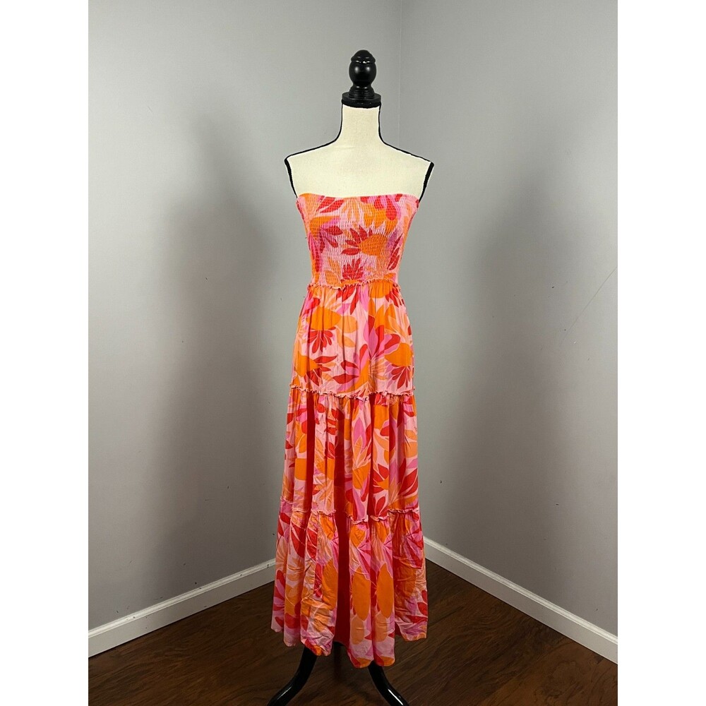 Abel The Label Rumi Strapless Smocked Maxi Dress Orange Floral Women's Small - Picture 2 of 7